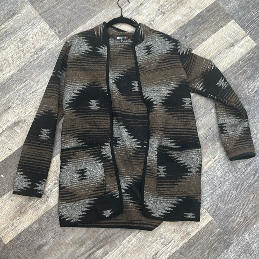 Beautiful tribal patterned coat. Brown and black and grey